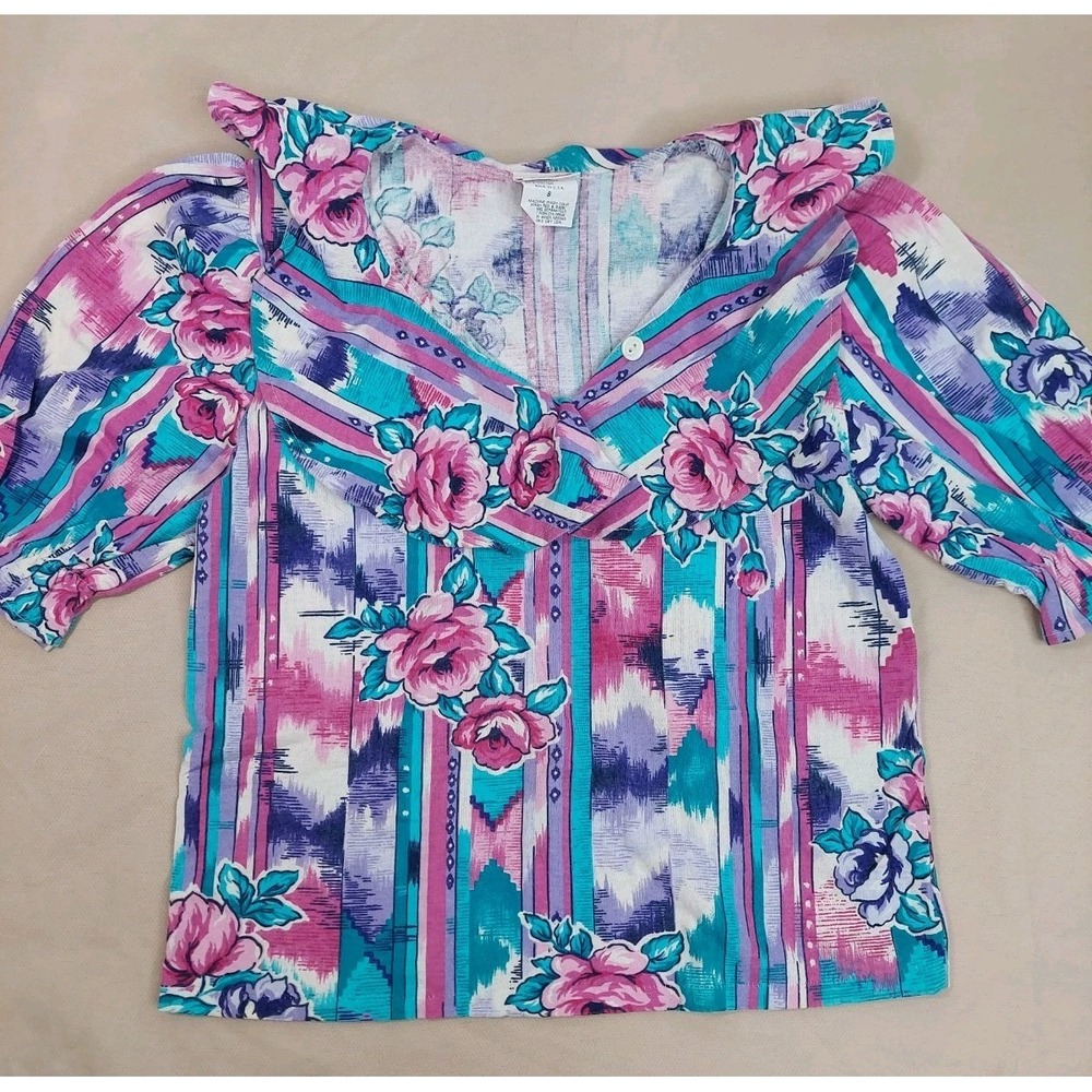Vintage 90s Romantic Floral Ruffle Shirt USA Pink Teal Retro Blouse Women Sm